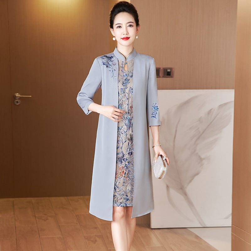 Beth and Brian Qipao-LC Faux two-piece Cheongsam, grey midi Cheongsam