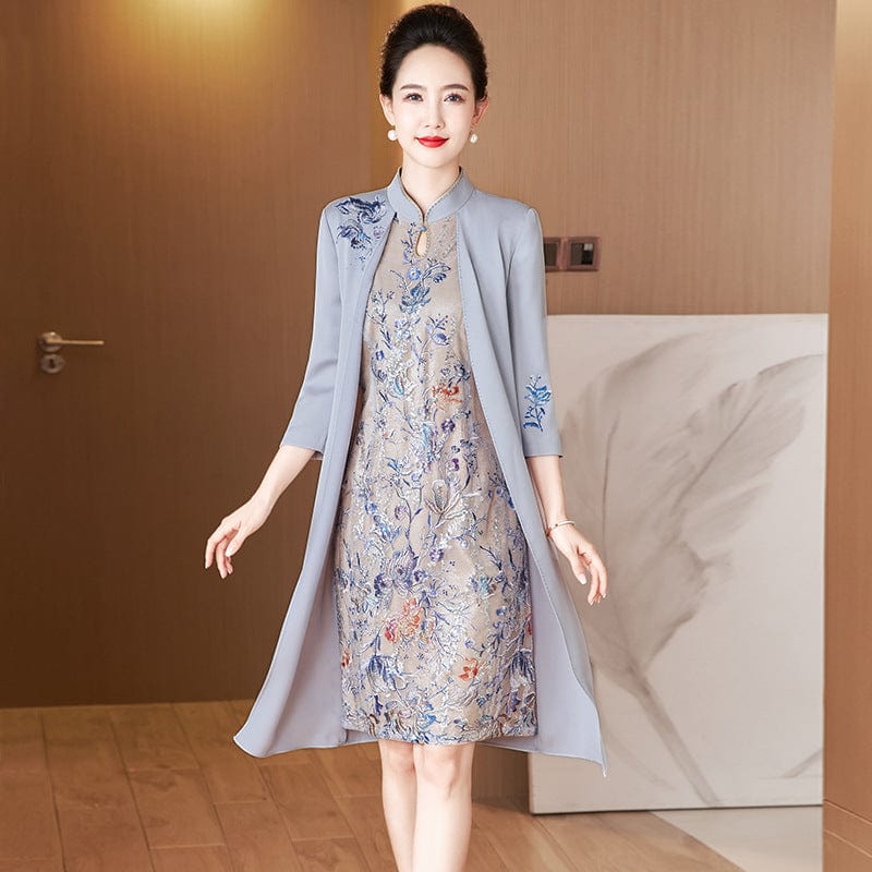 Beth and Brian Qipao-LC Faux two-piece Cheongsam, grey midi Cheongsam