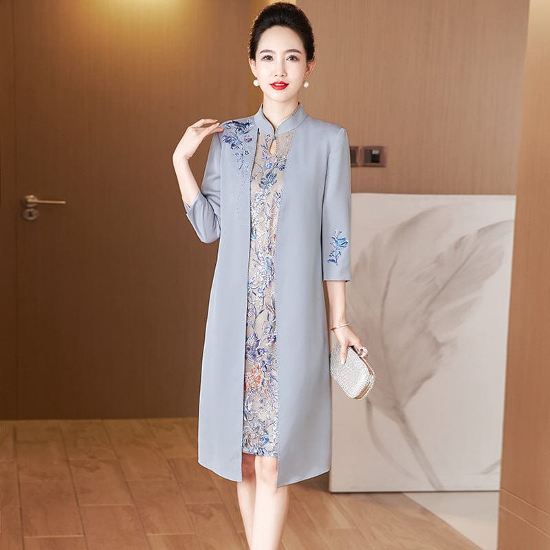 Beth and Brian Qipao-LC Faux two-piece Cheongsam, grey midi Cheongsam