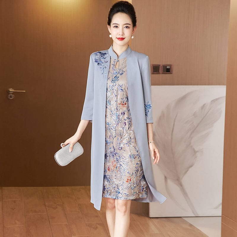 Beth and Brian Qipao-LC Faux two-piece Cheongsam, grey midi Cheongsam