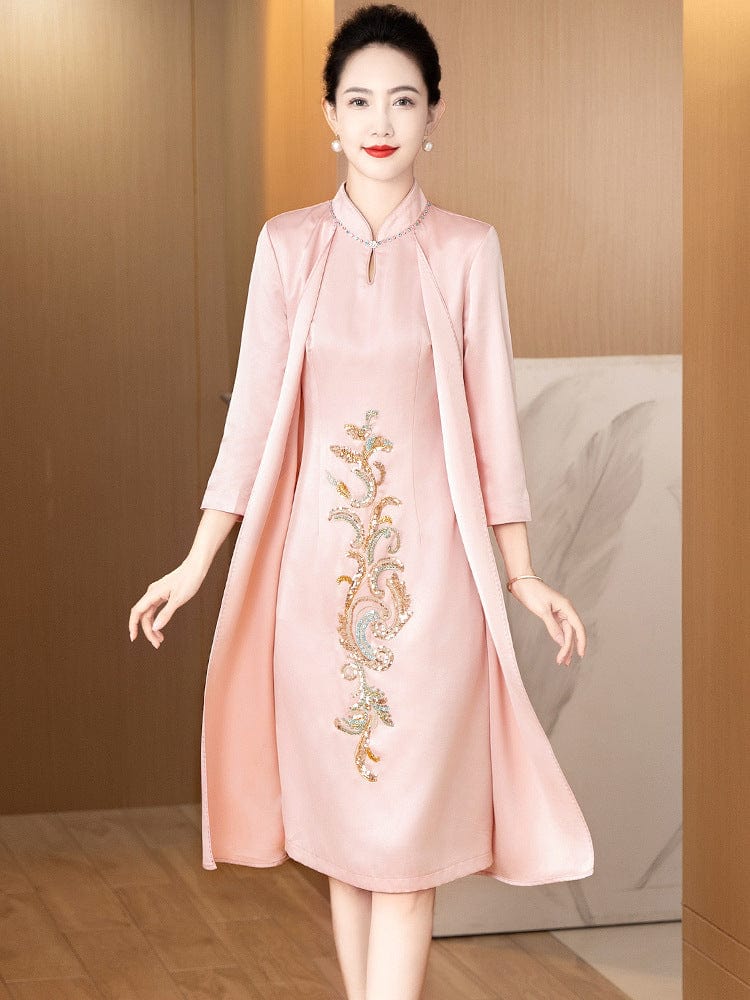 Beth and Brian Qipao-LC Faux  two-piece cheongsam, midi Cheongsam with three quarter sleeves
