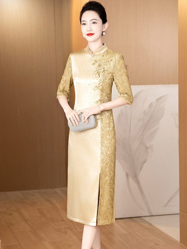 Beth and Brian Qipao-LC Floral embroidery, mid-length Cheongsam with elbow sleeves
