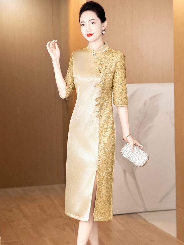 Beth and Brian Qipao-LC Floral embroidery, mid-length Cheongsam with elbow sleeves