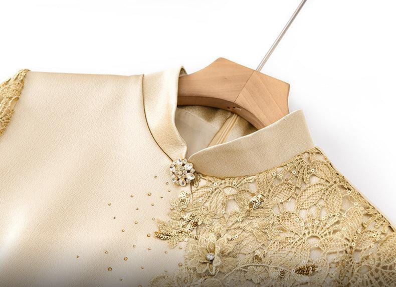 Beth and Brian Qipao-LC Floral embroidery, mid-length Cheongsam with elbow sleeves