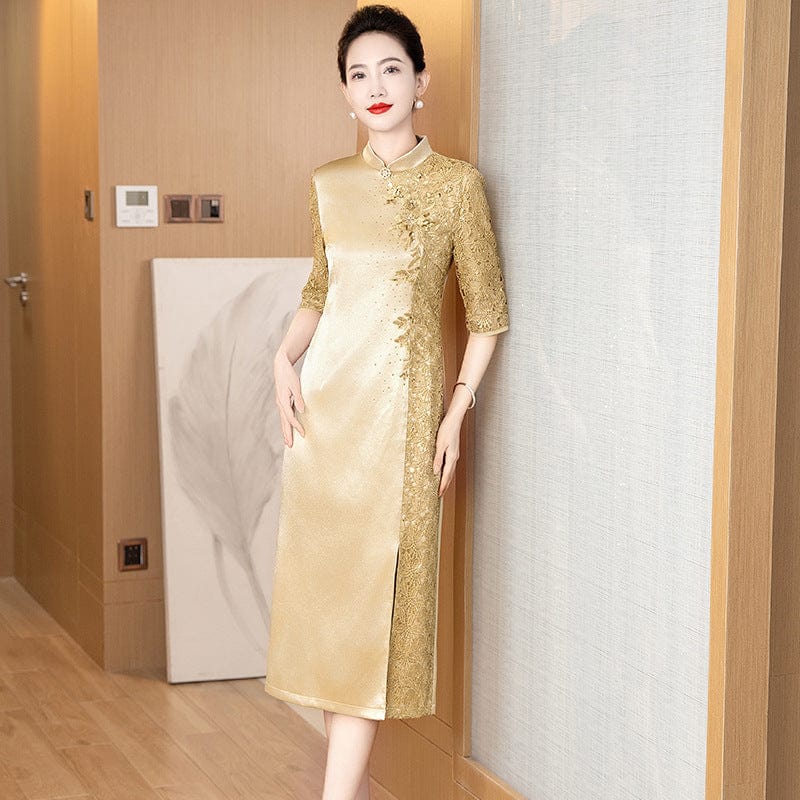 Beth and Brian Qipao-LC Floral embroidery, mid-length Cheongsam with elbow sleeves