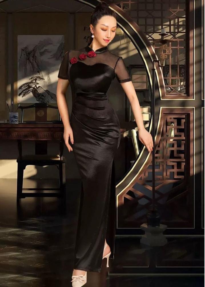 Beth and Brian Qipao-WZY Chinese Satin prom dress, red&black Chinese evening Cheongsam