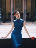 Beth and Brian Qipao-ALS Classic style, blue midi Cheongsam