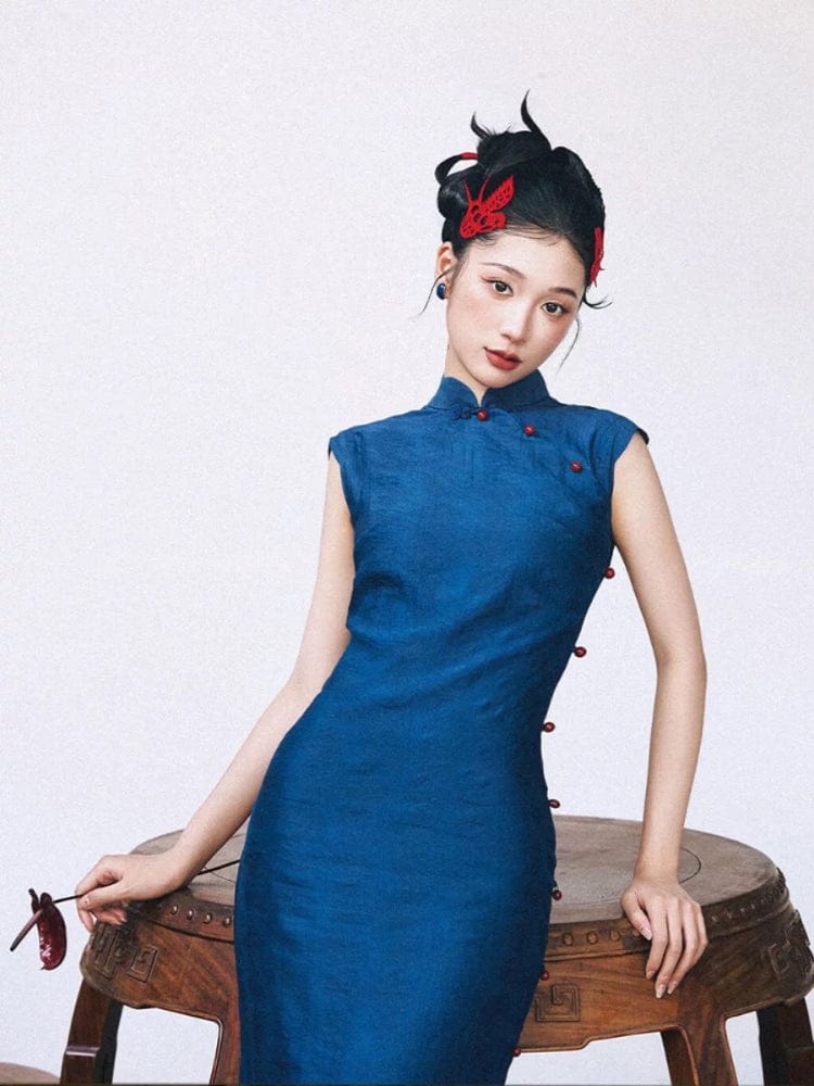 Beth and Brian Qipao-ALS Classic style, blue midi Cheongsam