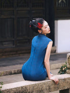 Beth and Brian Qipao-ALS Classic style, blue midi Cheongsam