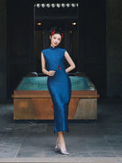 Beth and Brian Qipao-ALS Classic style, blue midi Cheongsam