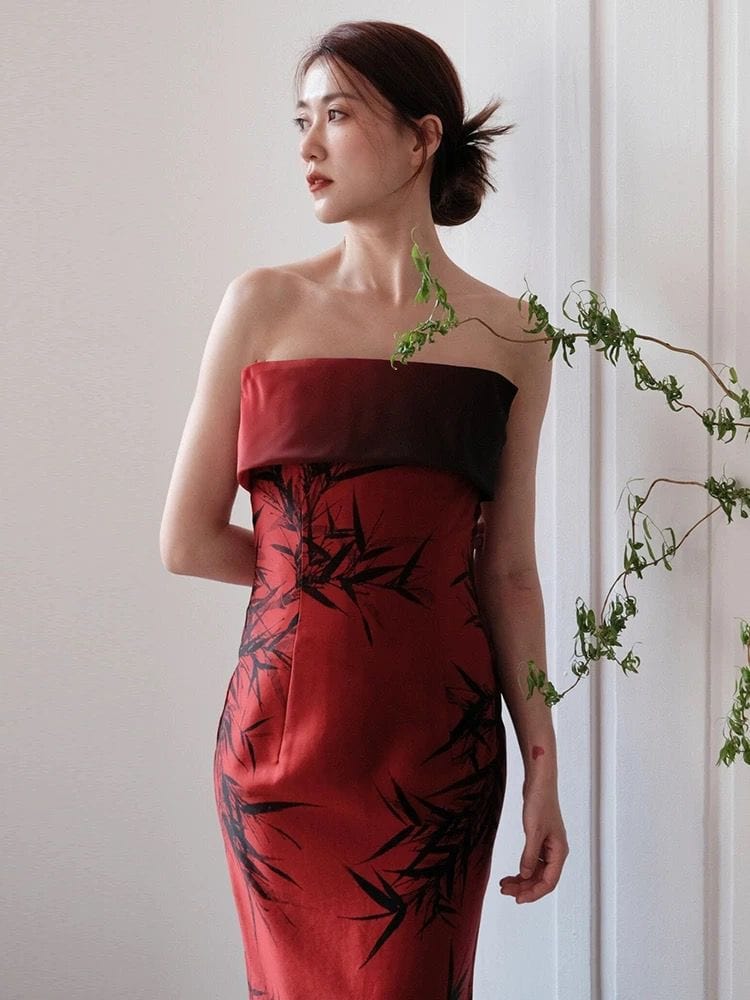 Beth and Brian Qipao-ALS Tube top, bamboo leaf pattern, red midi Cheongsam