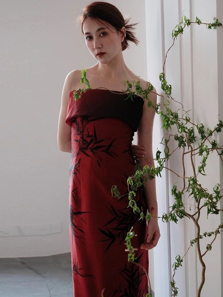 Beth and Brian Qipao-ALS Tube top, bamboo leaf pattern, red midi Cheongsam