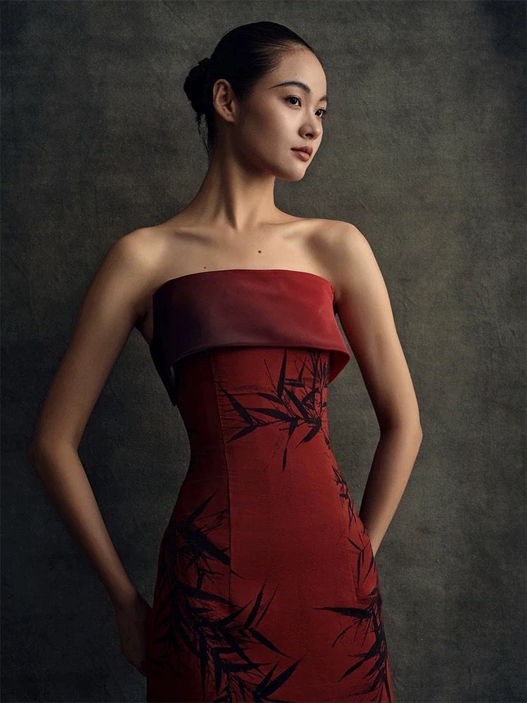 Beth and Brian Qipao-ALS Tube top, bamboo leaf pattern, red midi Cheongsam