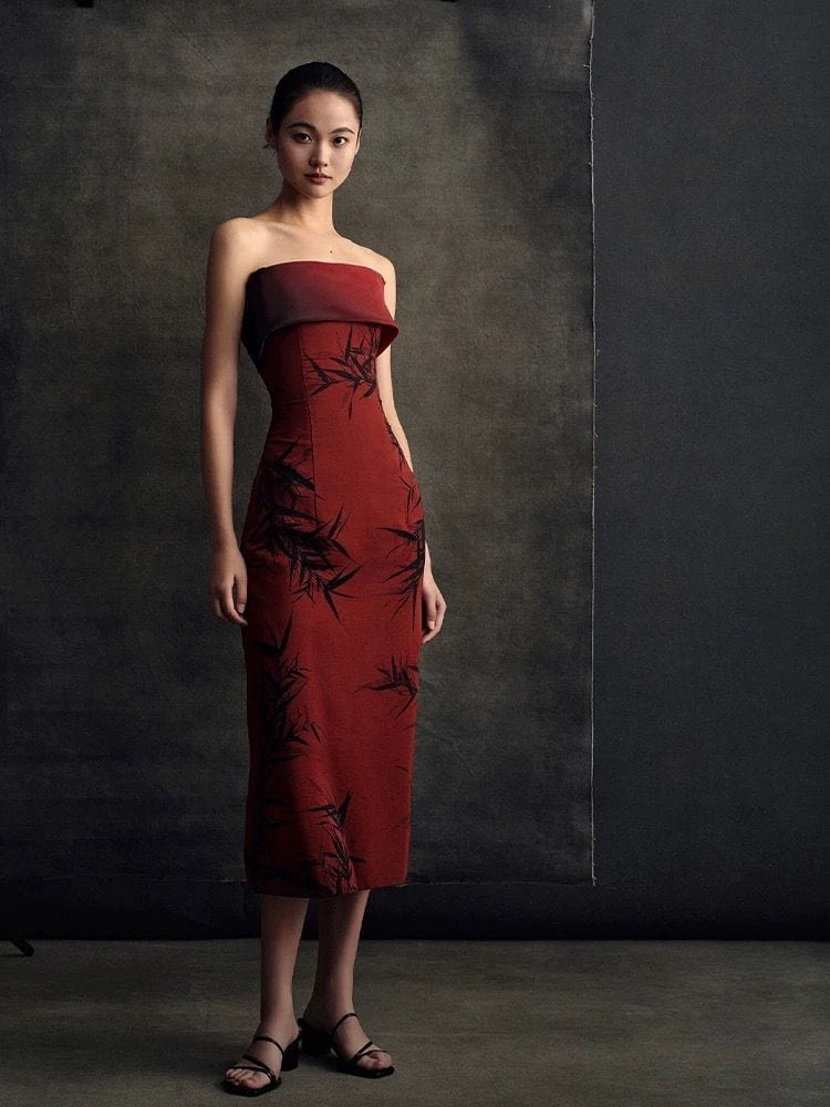 Beth and Brian Qipao-ALS Tube top, bamboo leaf pattern, red midi Cheongsam