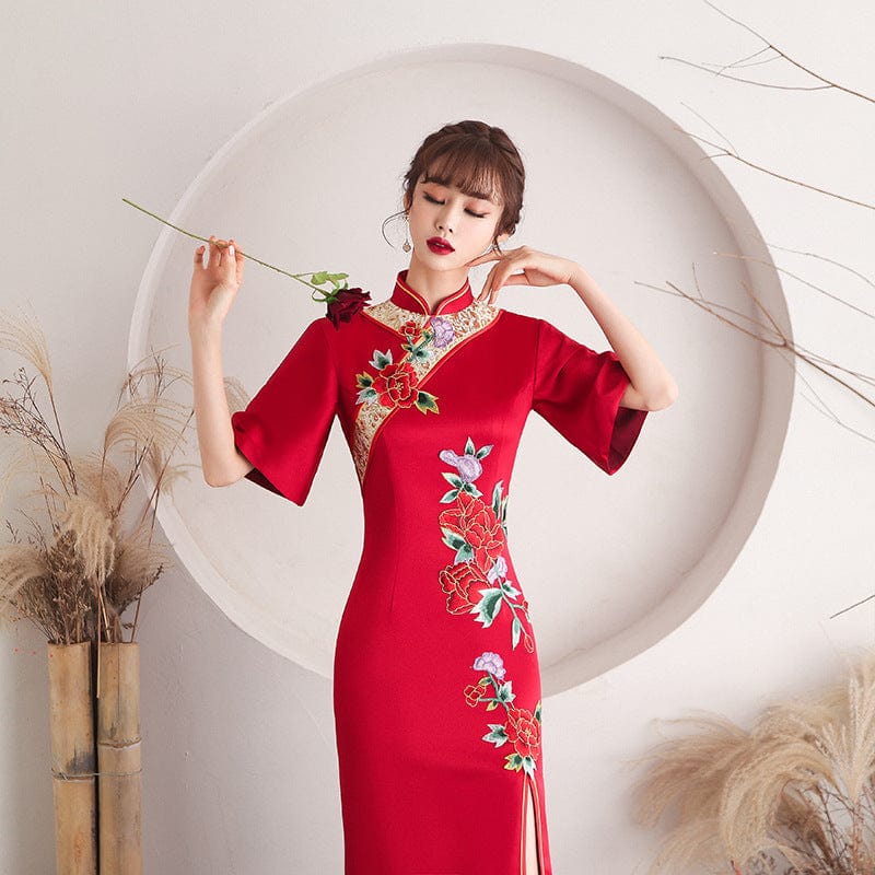 Beth and Brian Qipao-HYY Floral embroidery, red long Cheongsam