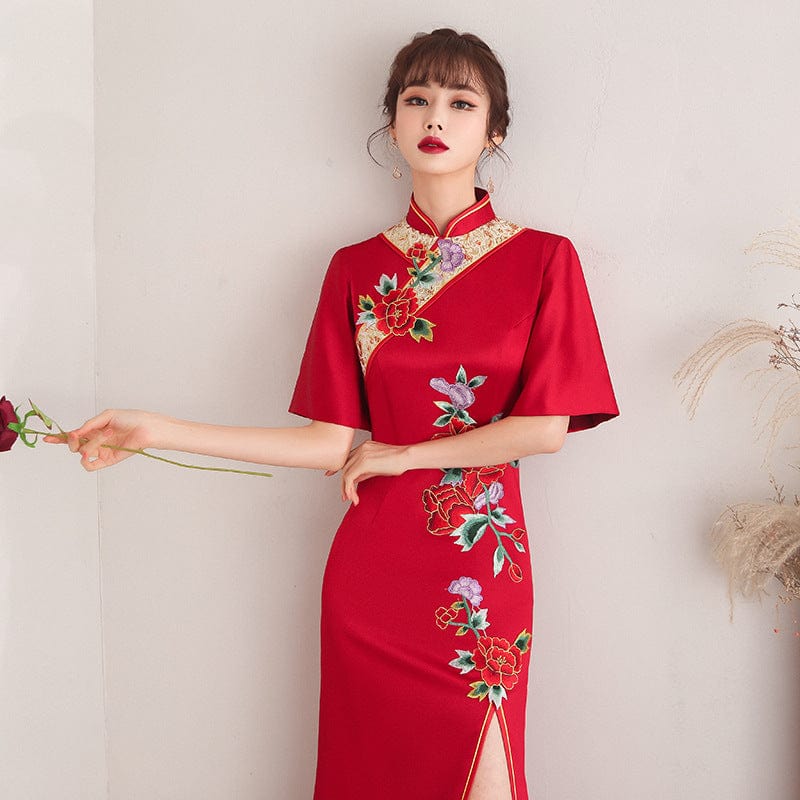 Beth and Brian Qipao-HYY Floral embroidery, red long Cheongsam