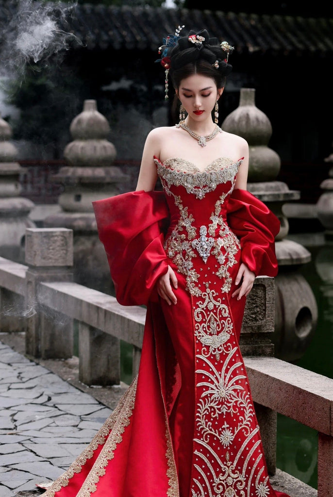 Beth and Brian Qipao-TCXH Tub top embroidery Qipao set, luxury Qipao set