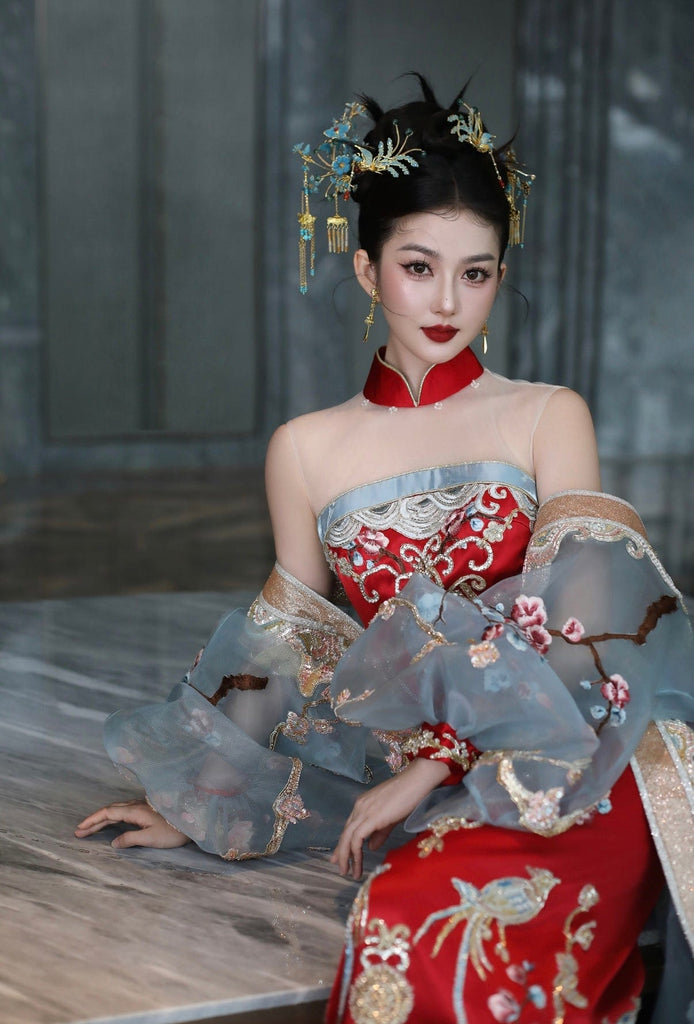 Beth and Brian Qipao-SYYW Tub top embroidery Qipao set, luxury Qipao set