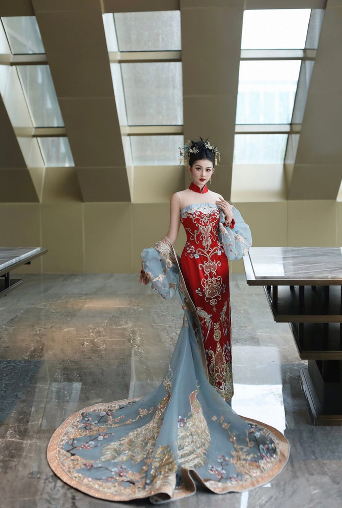 Beth and Brian Qipao-SYYW Tub top embroidery Qipao set, luxury Qipao set