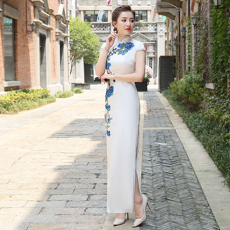 Beth and Brian Qipao-NL Floral embroidery, satin long plus size Cheongsam