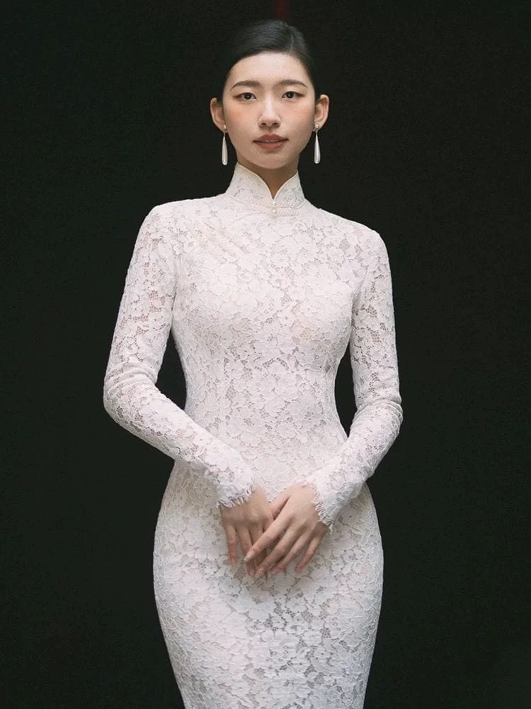 Beth and Brian Qipao - QX Floral pattern, Chinese tradional lace wedding Cheongsam