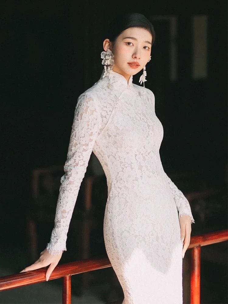 Beth and Brian Qipao - QX Floral pattern, Chinese tradional lace wedding Cheongsam