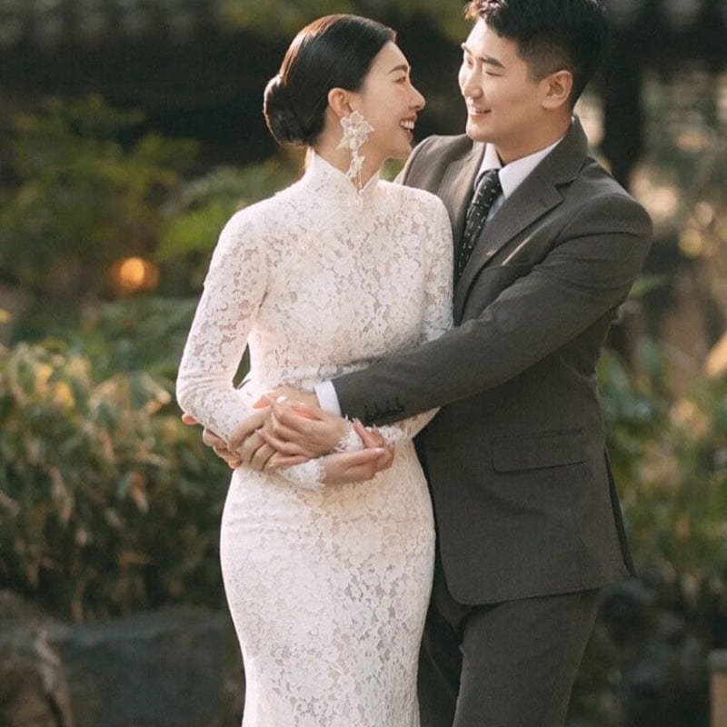 Beth and Brian Qipao - QX Floral pattern, Chinese tradional lace wedding Cheongsam