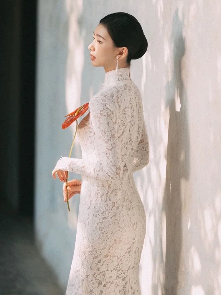 Beth and Brian Qipao - QX Floral pattern, Chinese tradional lace wedding Cheongsam