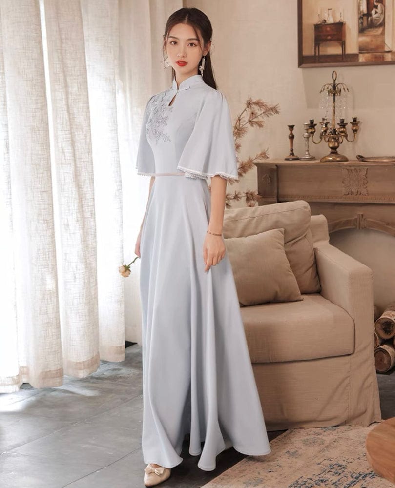 Beth and Brian Qipao-ABE Floral embroidery, Bridesmaid grey long Qipao set