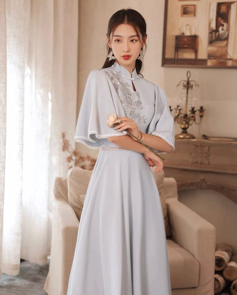 Beth and Brian Qipao-ABE Floral embroidery, Bridesmaid grey long Qipao set