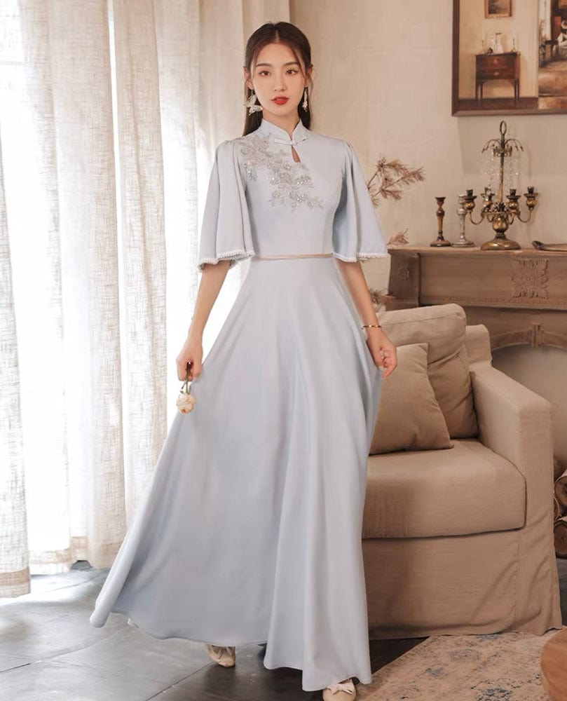 Beth and Brian Qipao-ABE Floral embroidery, Bridesmaid grey long Qipao set