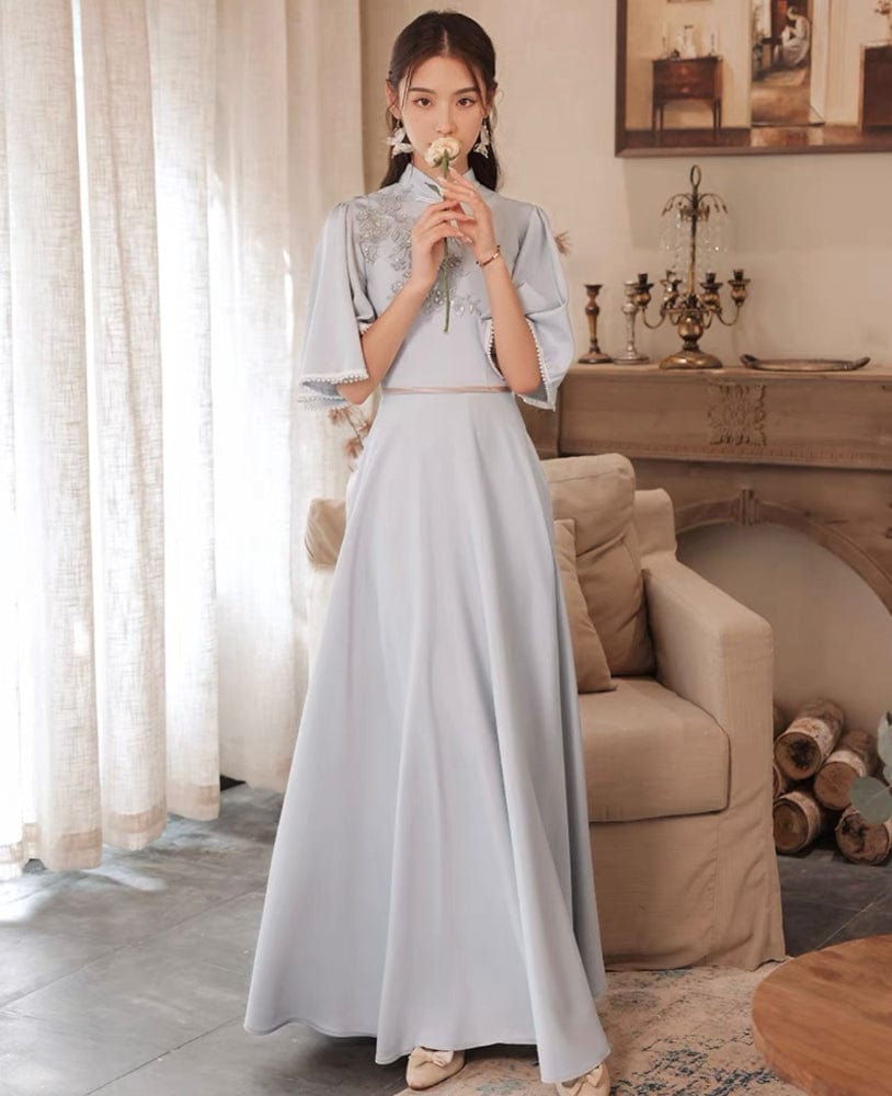 Beth and Brian Qipao-ABE Floral embroidery, Bridesmaid grey long Qipao set