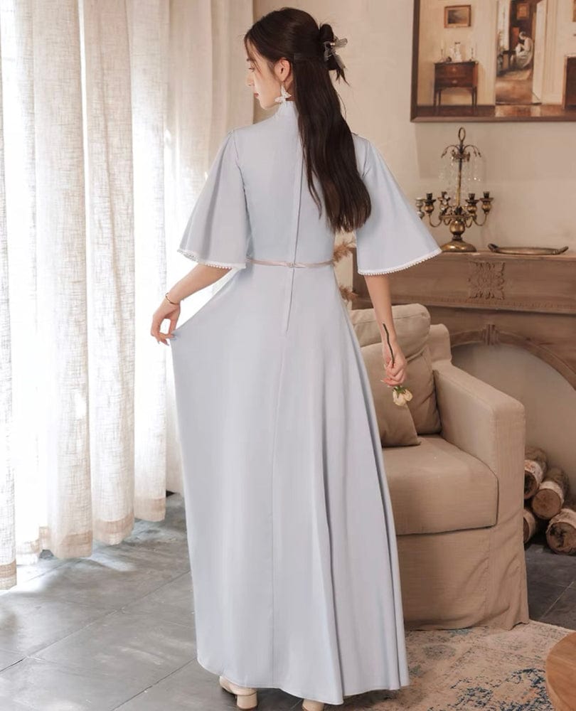 Beth and Brian Qipao-ABE Floral embroidery, Bridesmaid grey long Qipao set