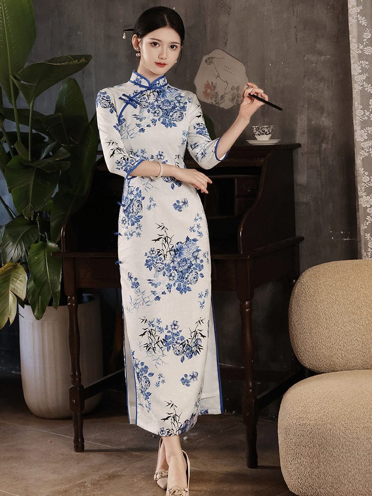 Beth and Brian Qipao-HY Floral print, white long Cheongsam with three quarter sleeves