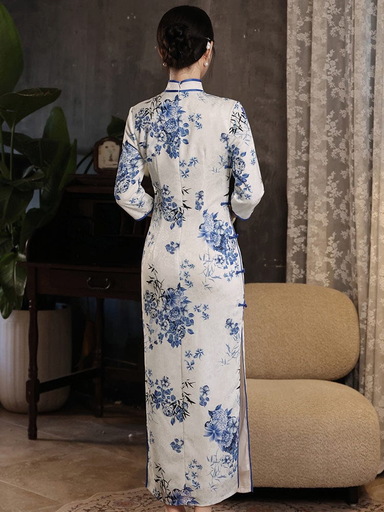 Beth and Brian Qipao-HY Floral print, white long Cheongsam with three quarter sleeves