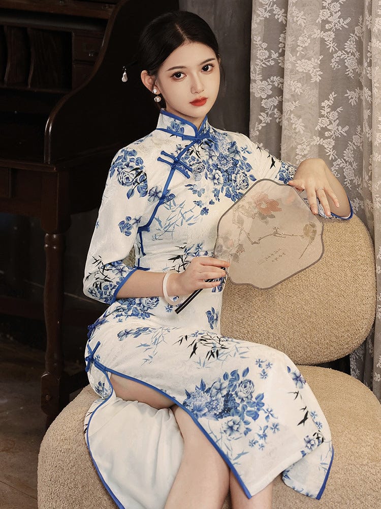 Beth and Brian Qipao-HY Floral print, white long Cheongsam with three quarter sleeves