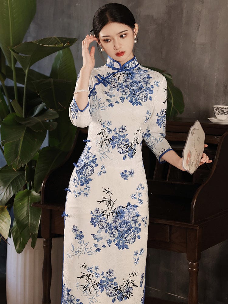 Beth and Brian Qipao-HY Floral print, white long Cheongsam with three quarter sleeves