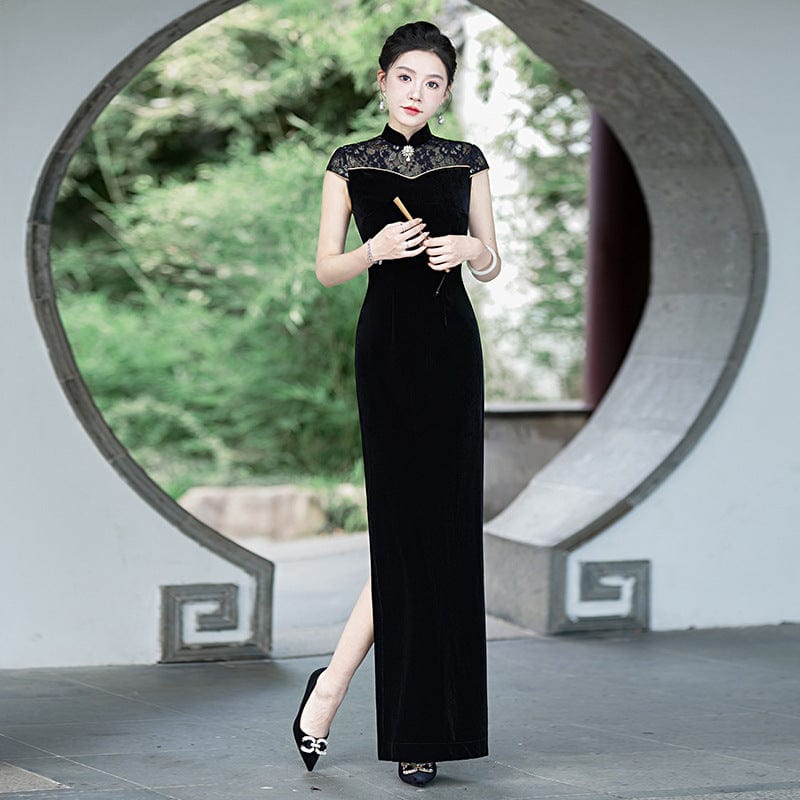 Beth and Brian Qipao-LMO Floral pattern,velvet black long Cheongsam