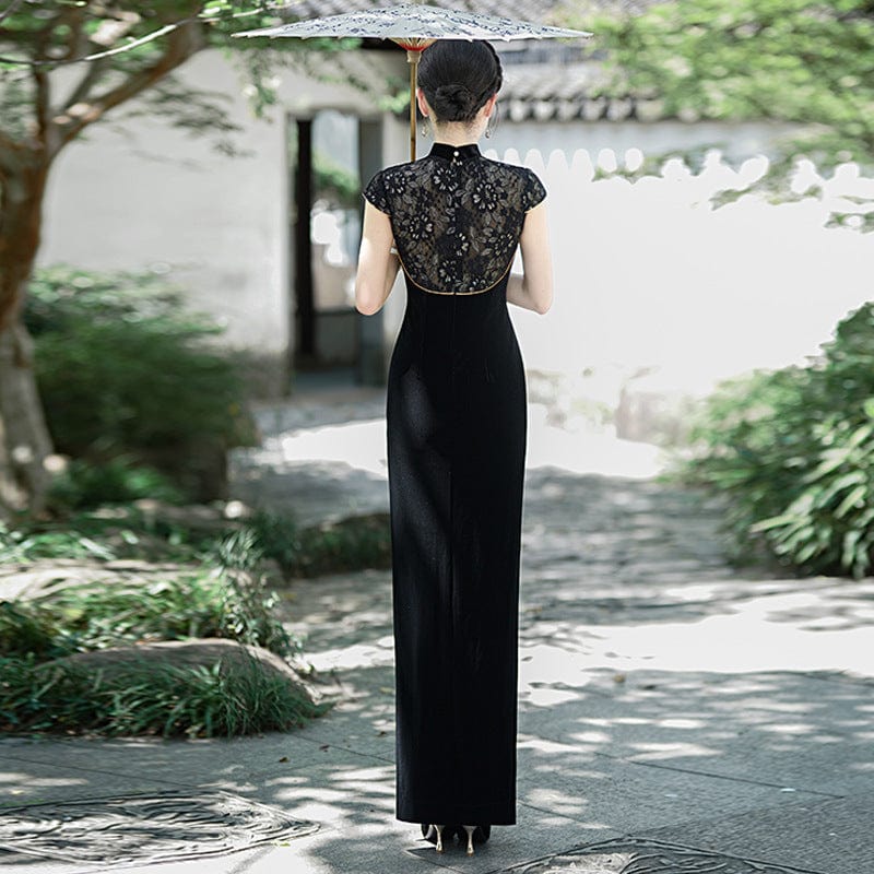 Beth and Brian Qipao-LMO Floral pattern,velvet black long Cheongsam