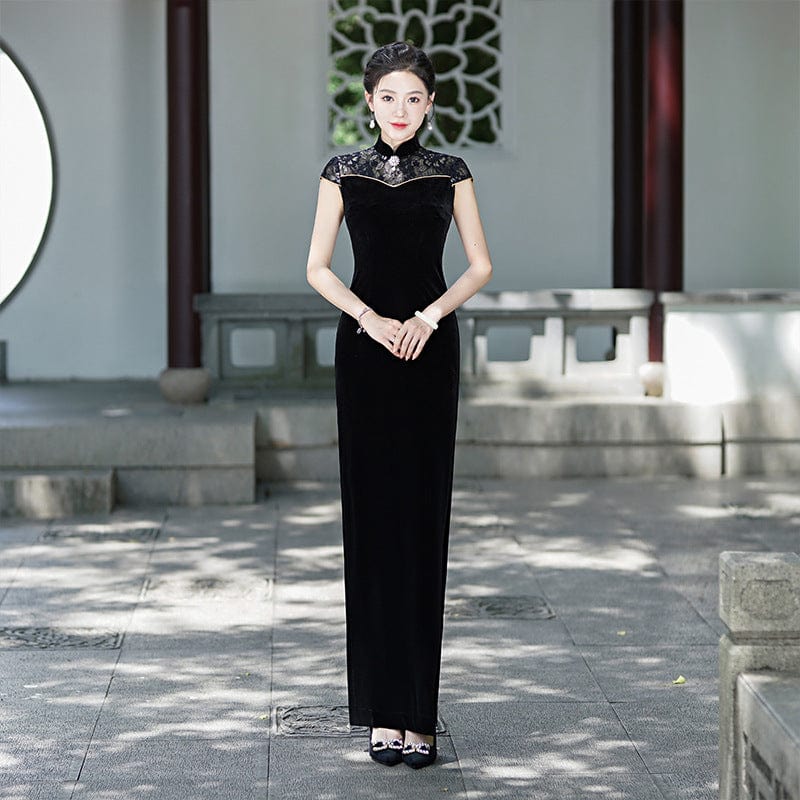 Beth and Brian Qipao-LMO Floral pattern,velvet black long Cheongsam