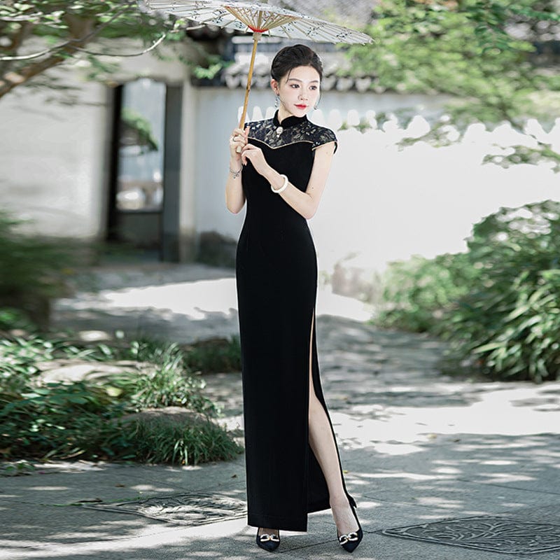 Beth and Brian Qipao-LMO Floral pattern,velvet black long Cheongsam