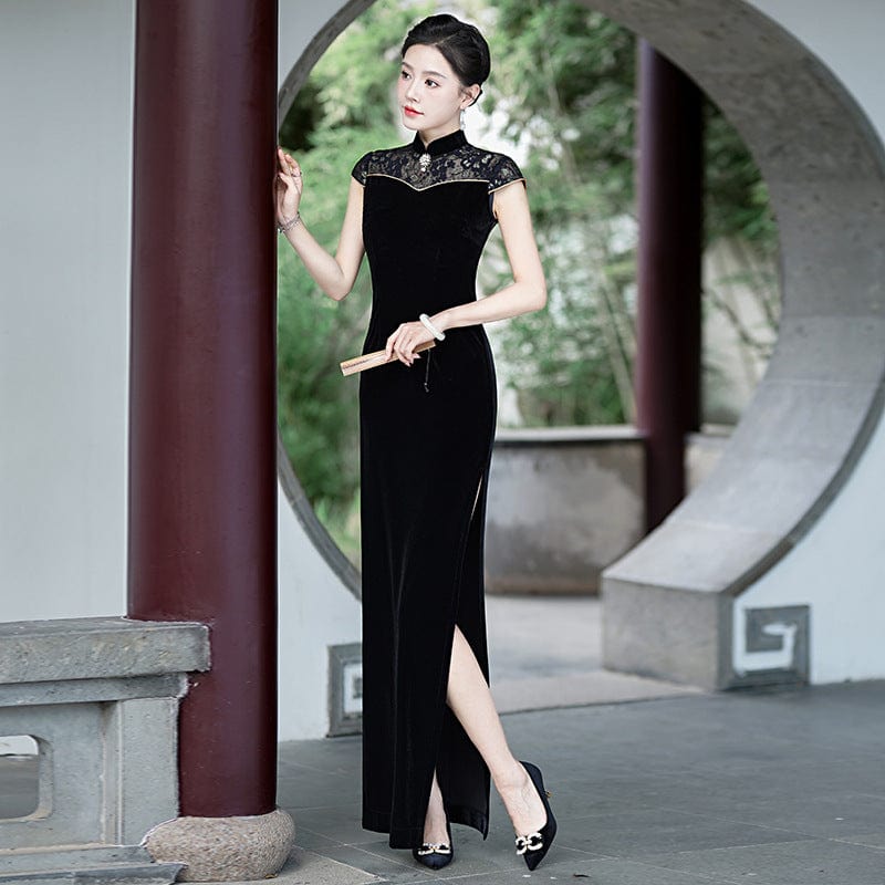 Beth and Brian Qipao-LMO Floral pattern,velvet black long Cheongsam