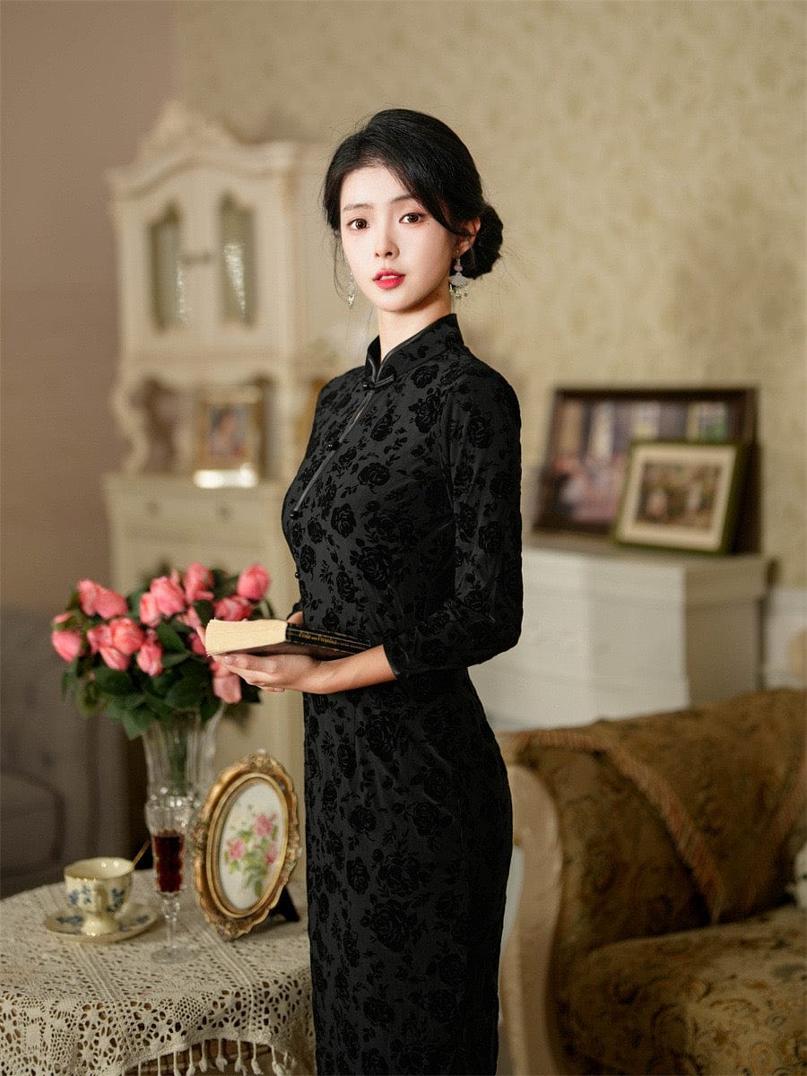 Beth and Brian Qipao-JLM Roe pattern, velvet fabric midi Qipao