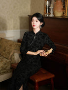 Beth and Brian Qipao-JLM Roe pattern, velvet fabric midi Qipao