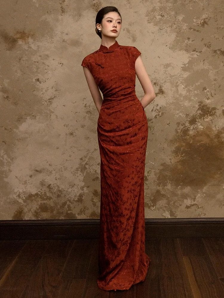 Beth and Brian Qipao-CP Floral pattern, wedding red long Cheongsam