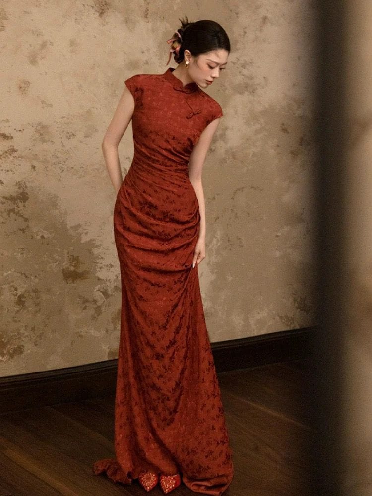 Beth and Brian Qipao-CP Floral pattern, wedding red long Cheongsam