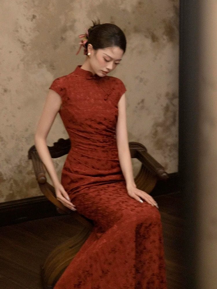 Beth and Brian Qipao-CP Floral pattern, wedding red long Cheongsam