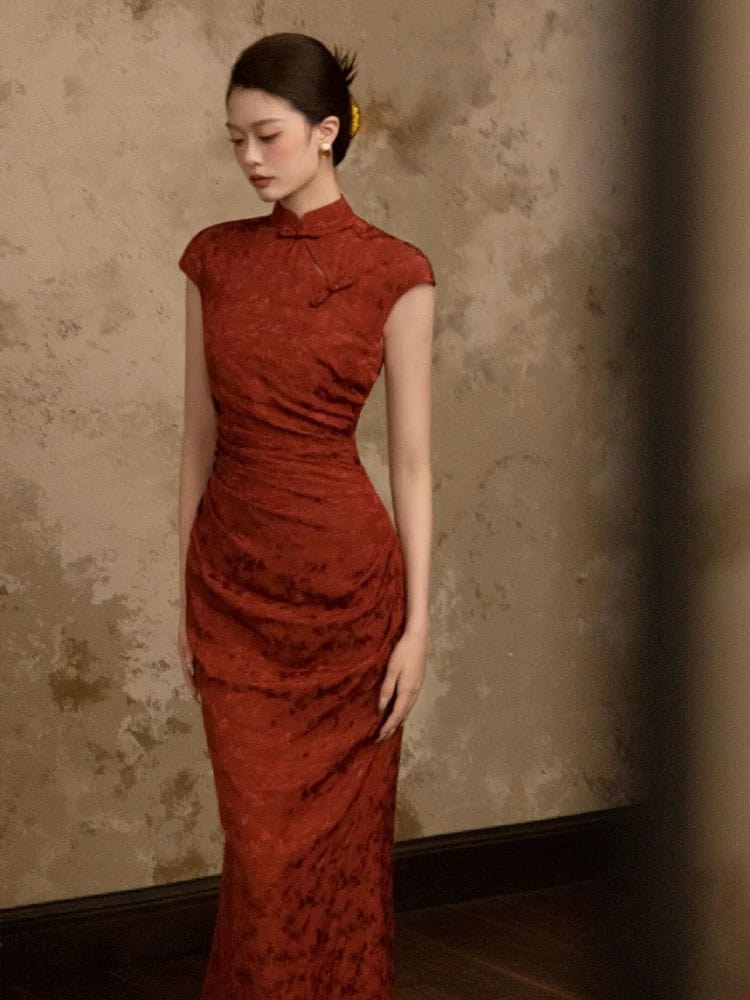 Beth and Brian Qipao-CP Floral pattern, wedding red long Cheongsam