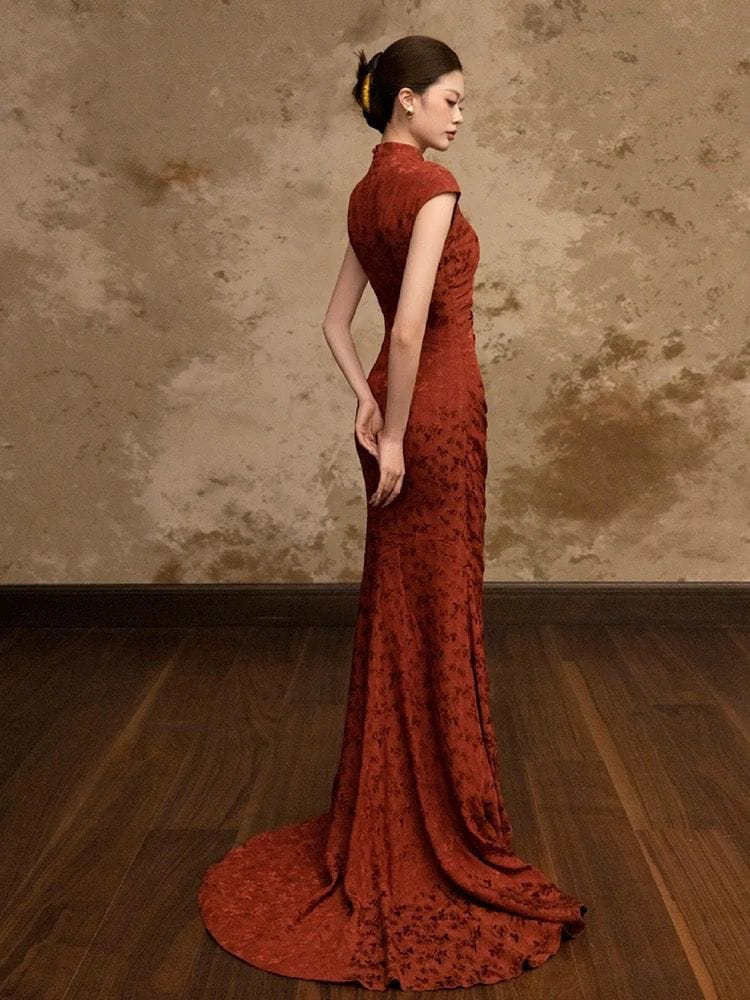 Beth and Brian Qipao-CP Floral pattern, wedding red long Cheongsam