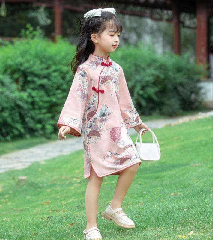 Beth and Brian Qipao-JF Children Qipao dress, gold fish&crane pattern Qipao dress for little girls